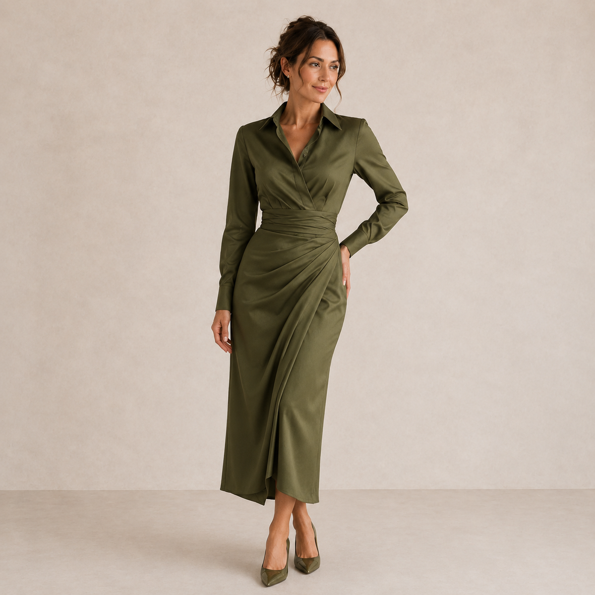 LIORA™ | Ruched Shirt Midi Dress