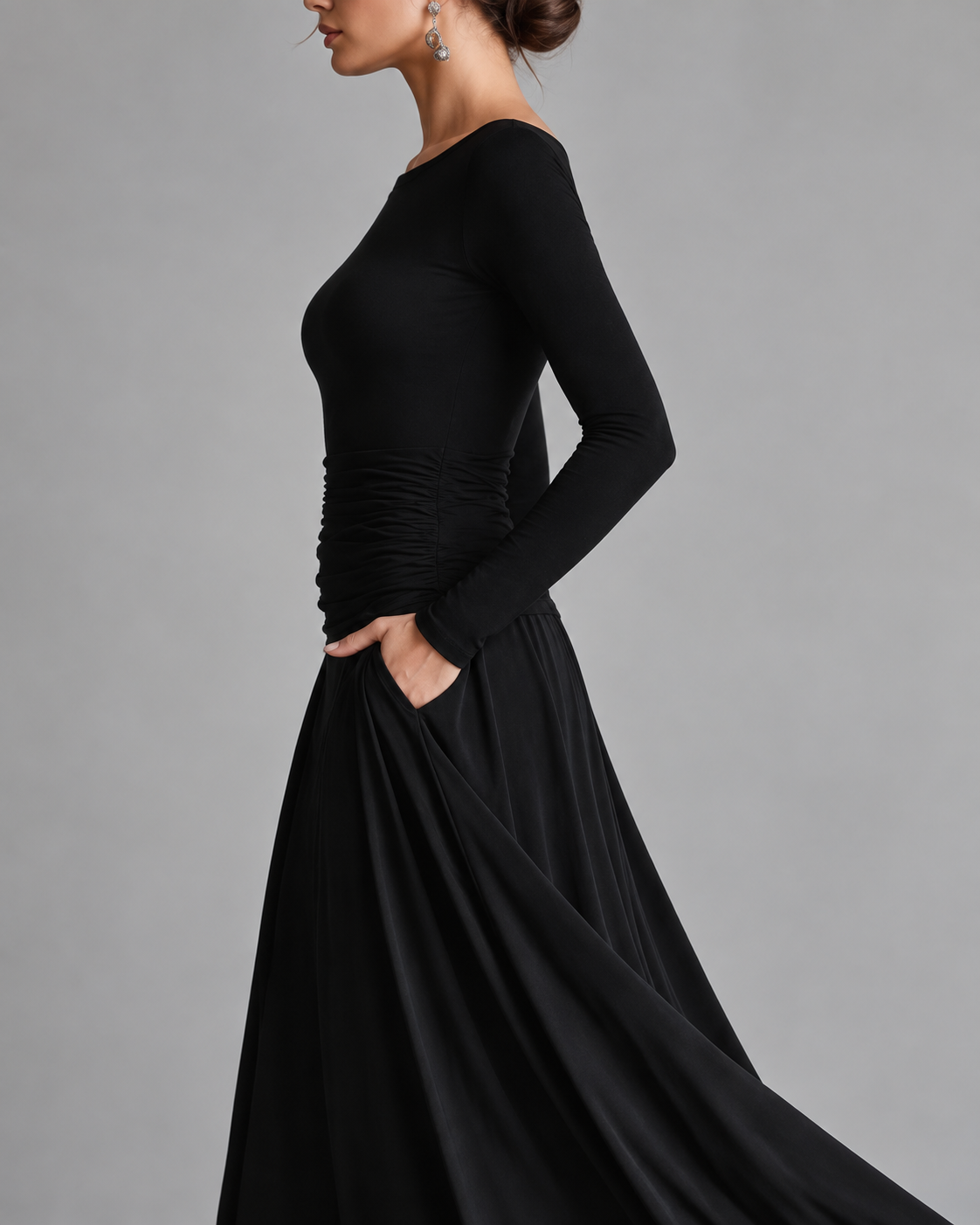 Heloise flowing maxi dress in black, side view