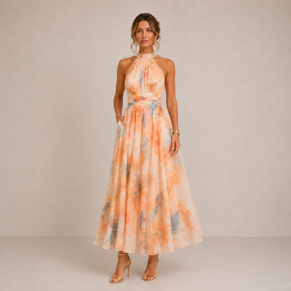 Liora watercolour halter midi dress in peach with full skirt