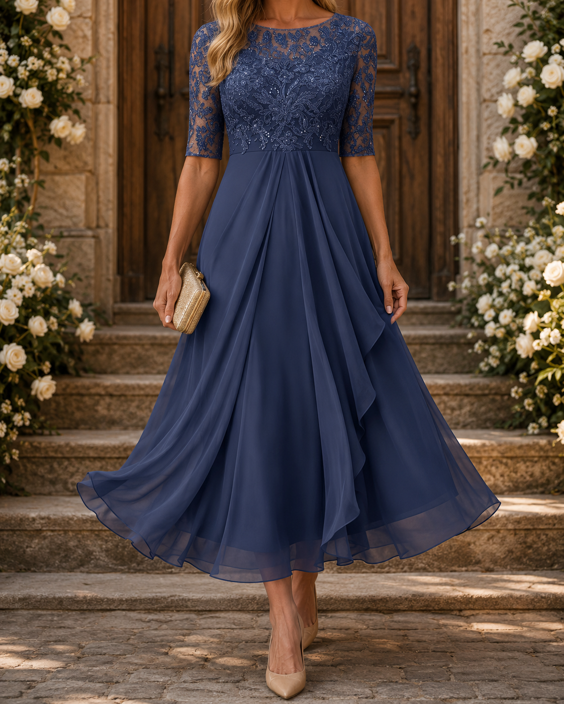 Rose lace and chiffon midi dress, view 6