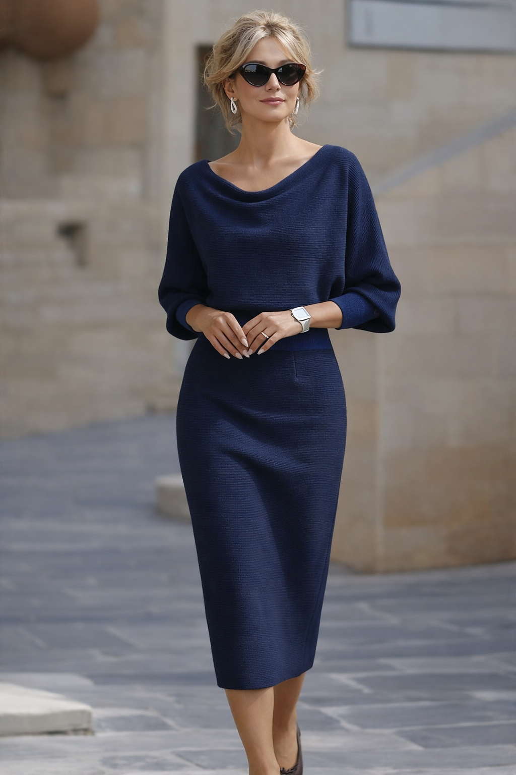 Cicely knit midi dress in navy blue, full-length front view