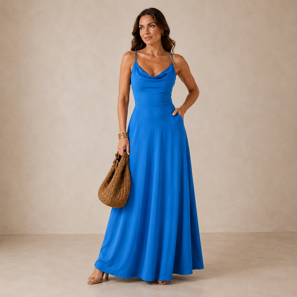 Liora cowl-neck maxi dress in bright blue with draped neckline
