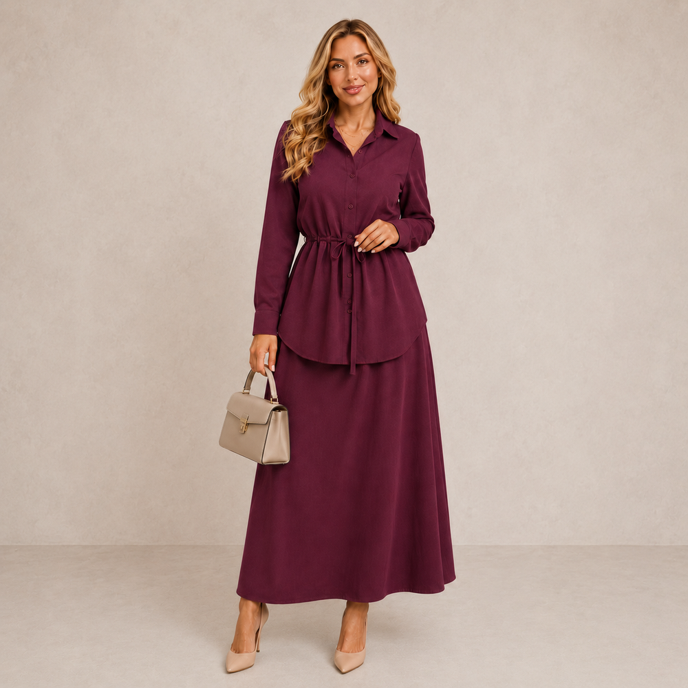 Cornelia long skirt co-ord set in burgundy, full-length front view with tie belt