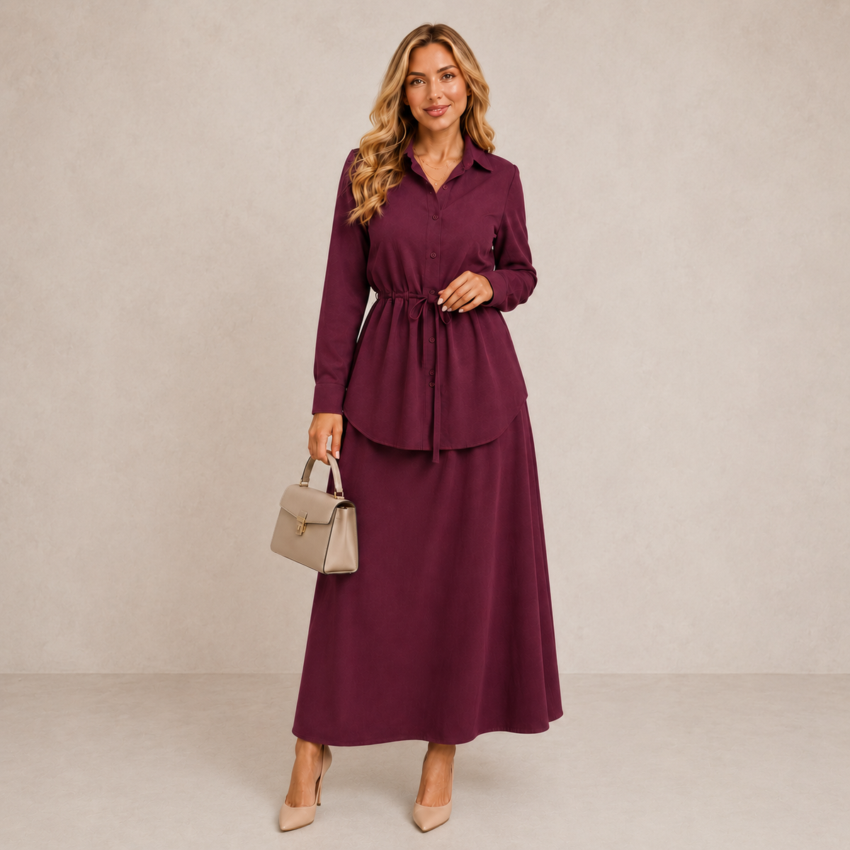 Cornelia long skirt co-ord set in burgundy, full-length front view with tie belt