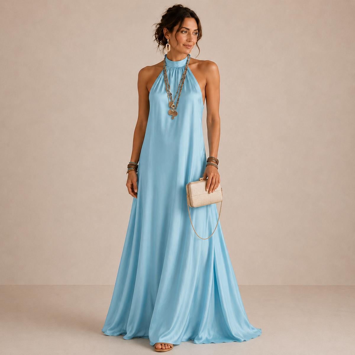 LIORA™ | Blue Halter-Neck Flowing Maxi Dress