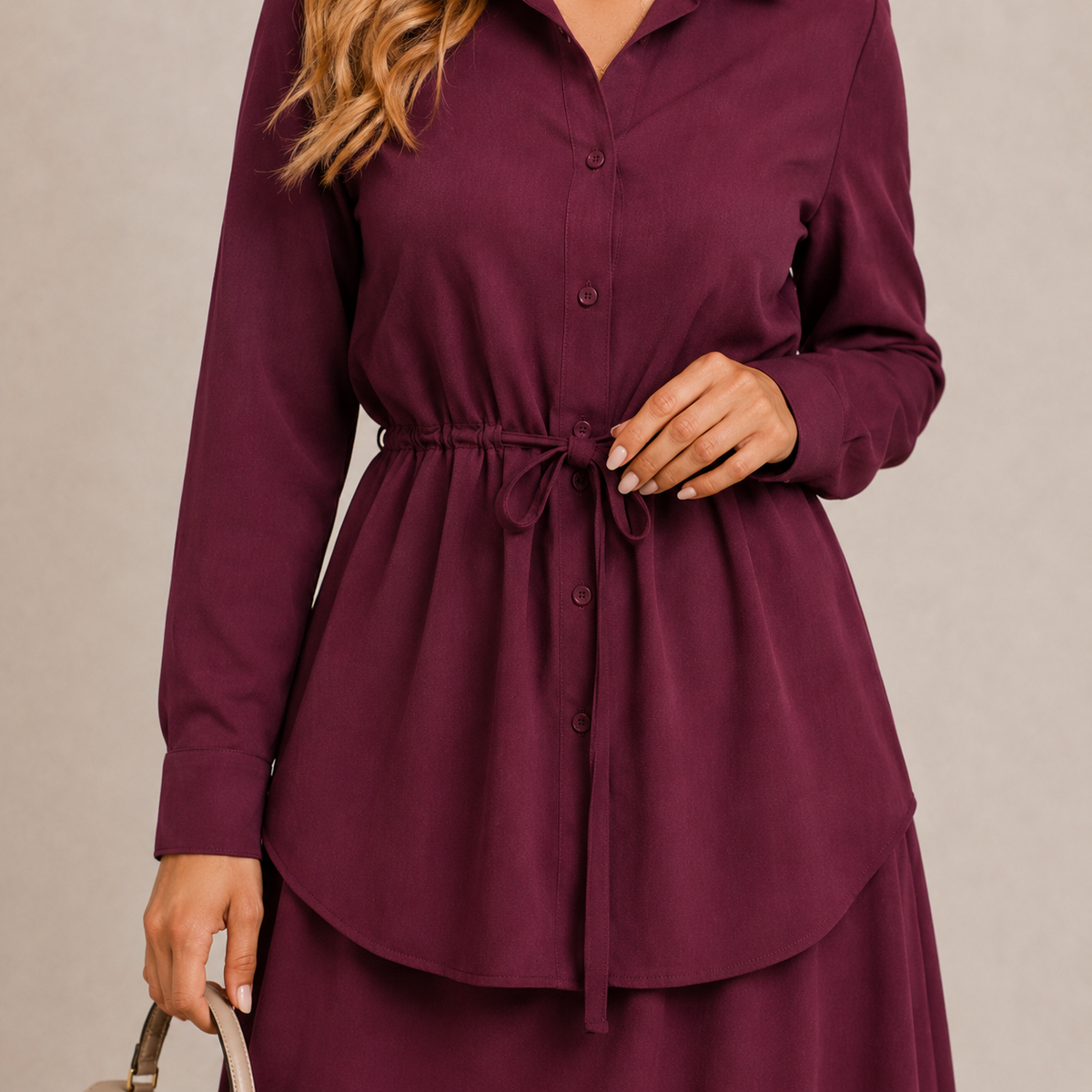 Cornelia long skirt co-ord set in burgundy, close-up of button-front shirt and tie belt