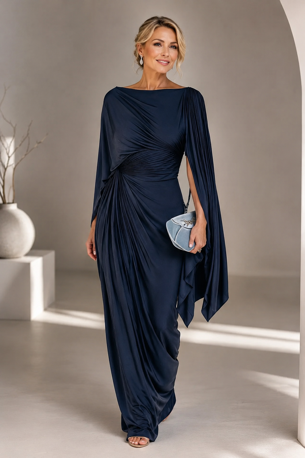 Tegwen cape sleeve maxi dress in navy blue, front view