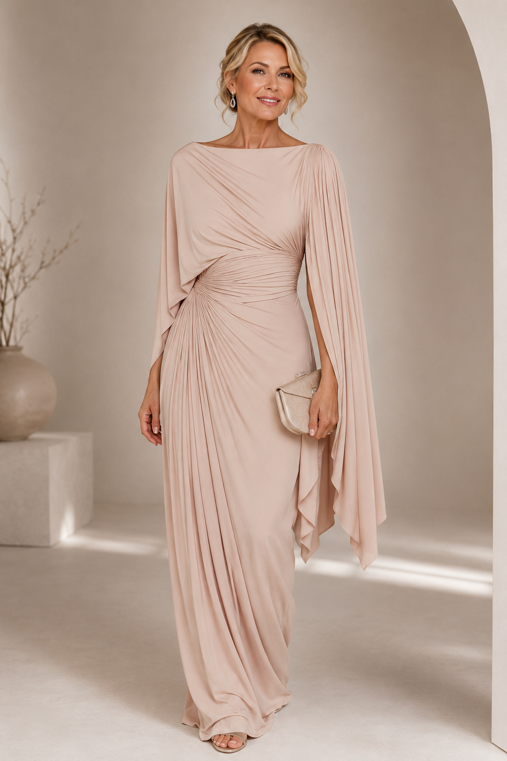 Tegwen cape sleeve maxi dress in khaki, full-length view