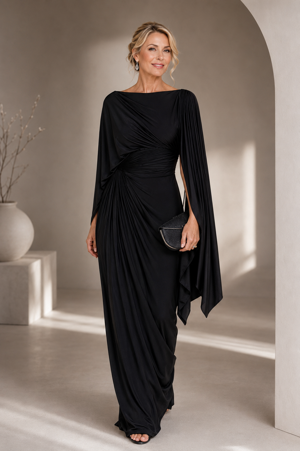 Tegwen cape sleeve maxi dress in black, front view