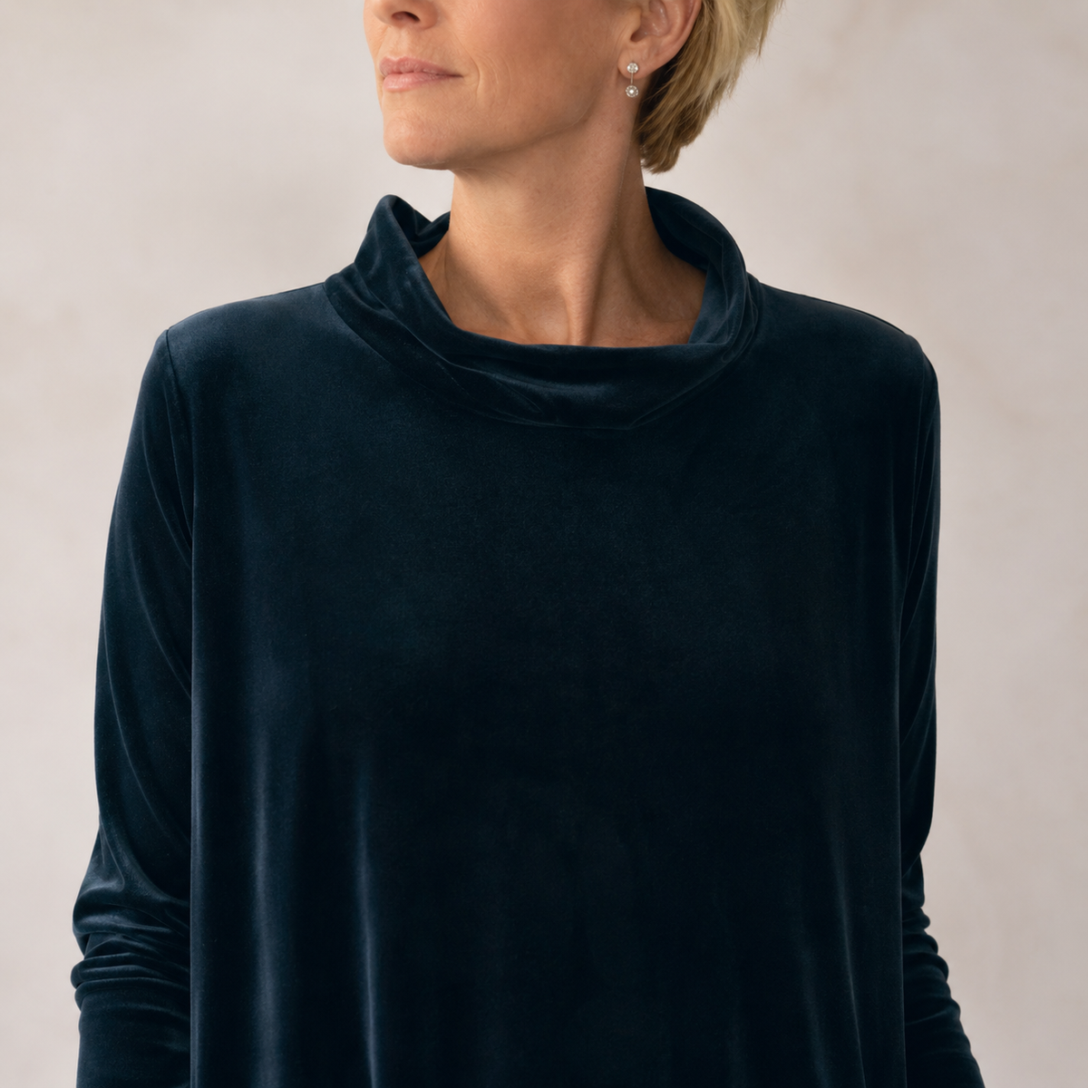 Corisande velvet cocoon maxi dress, close-up of the roll neck
