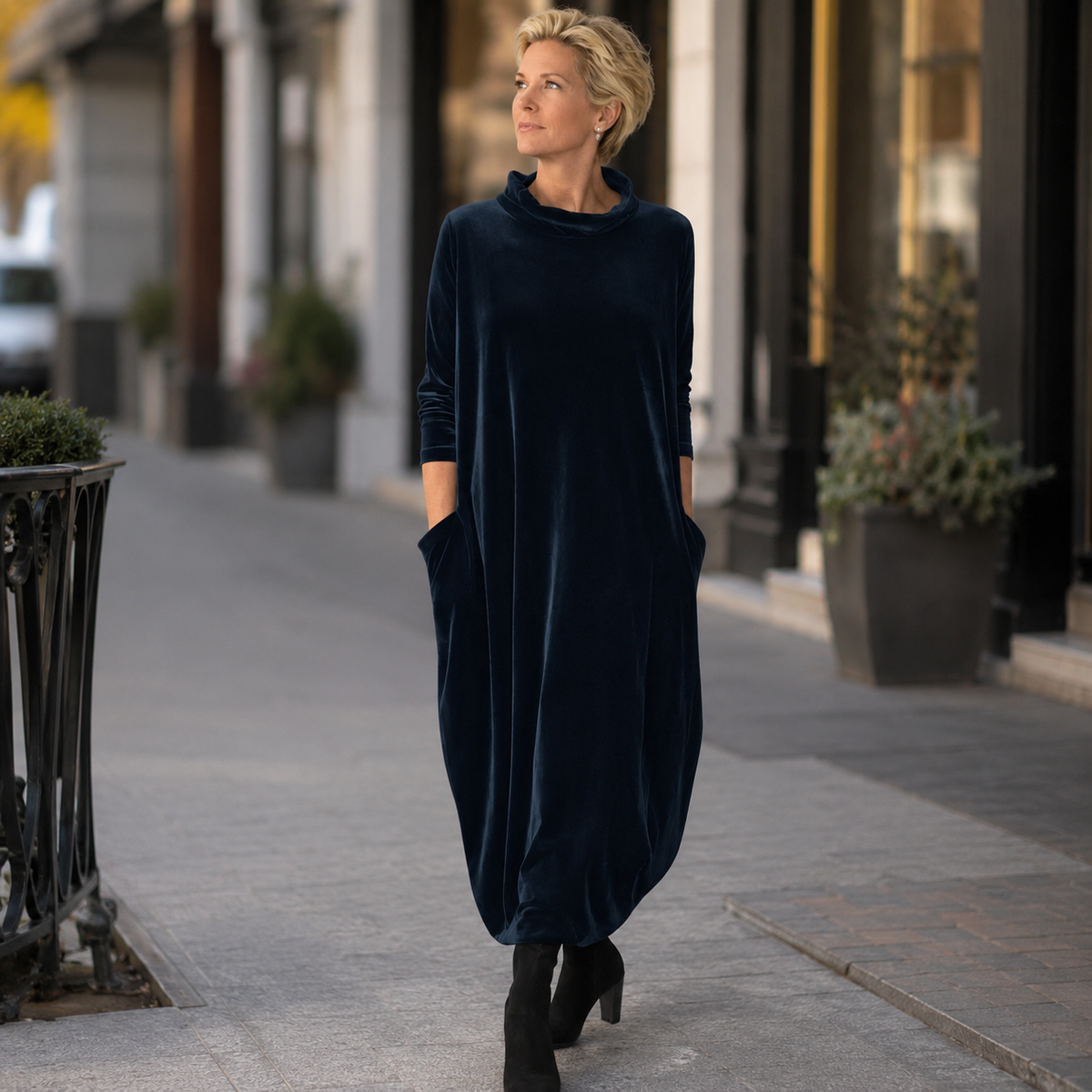 Corisande velvet cocoon maxi dress in navy, on a city street
