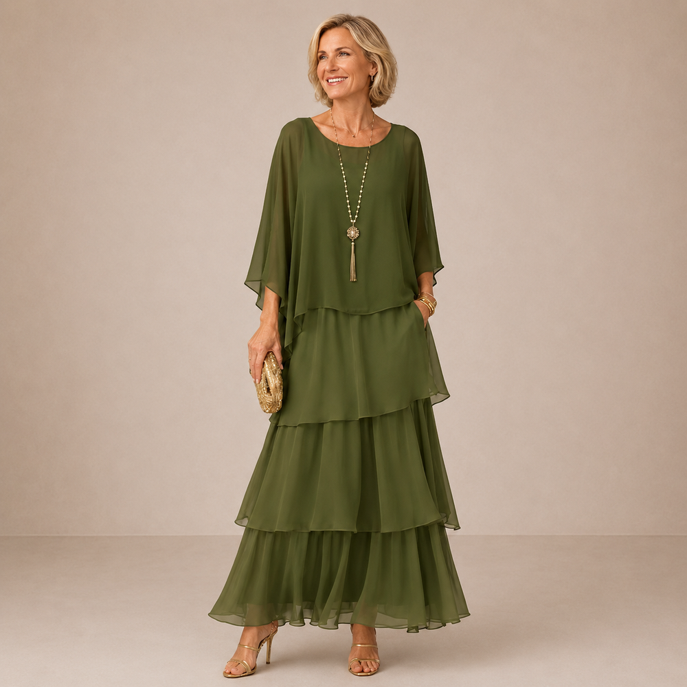 Liora tiered maxi dress in olive green with cape overlay
