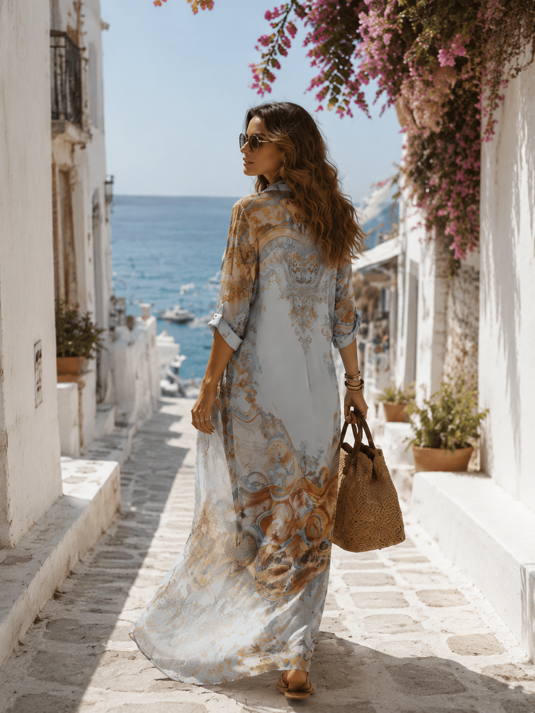Eugenia | Vestito lungo in chiffon con stampa barocca e bottoni