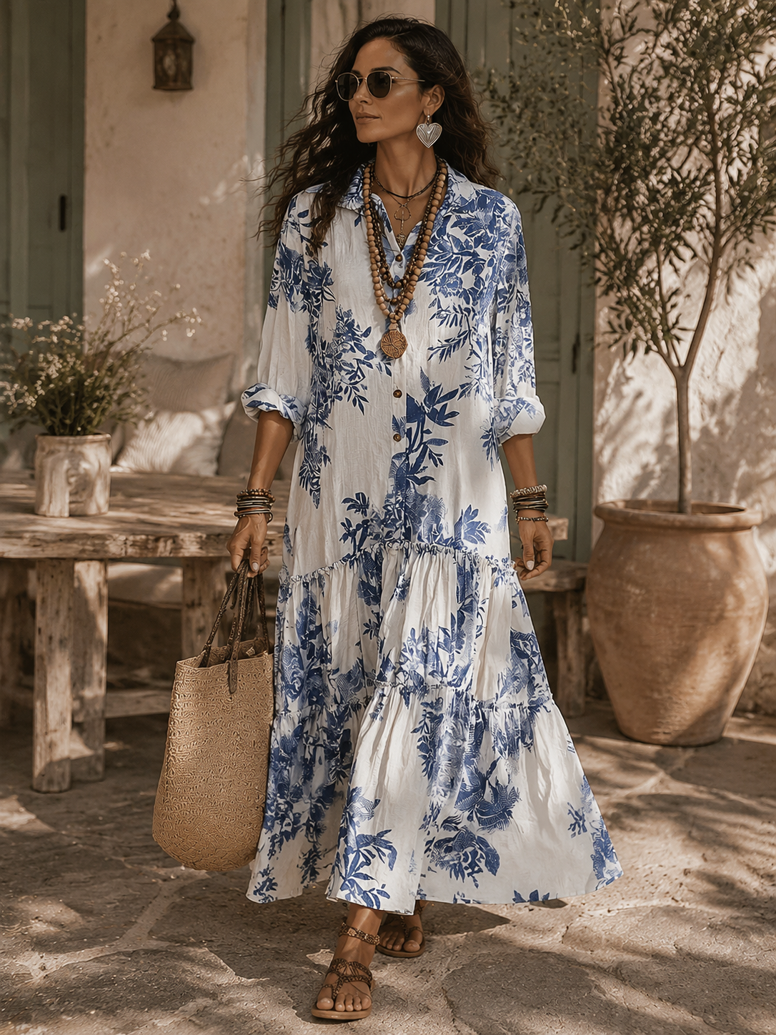 Heidi long blue floral dress in white and blue, full-length view in a sunny courtyard