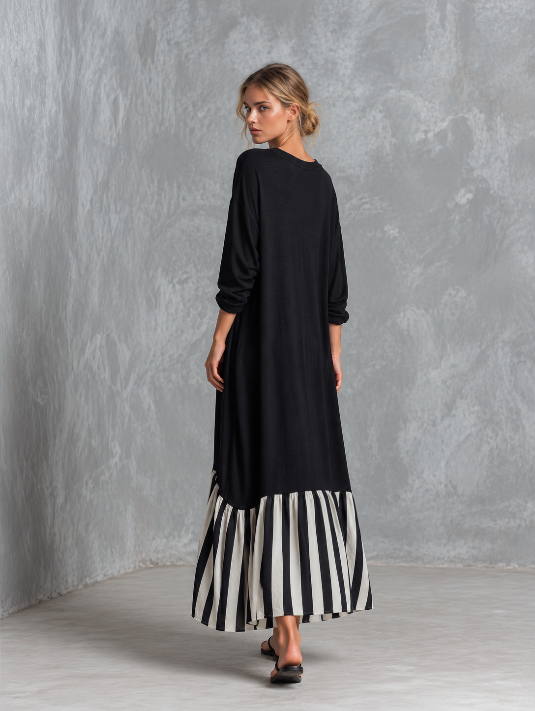 Celandine oversized stripe patchwork maxi dress in black, back view