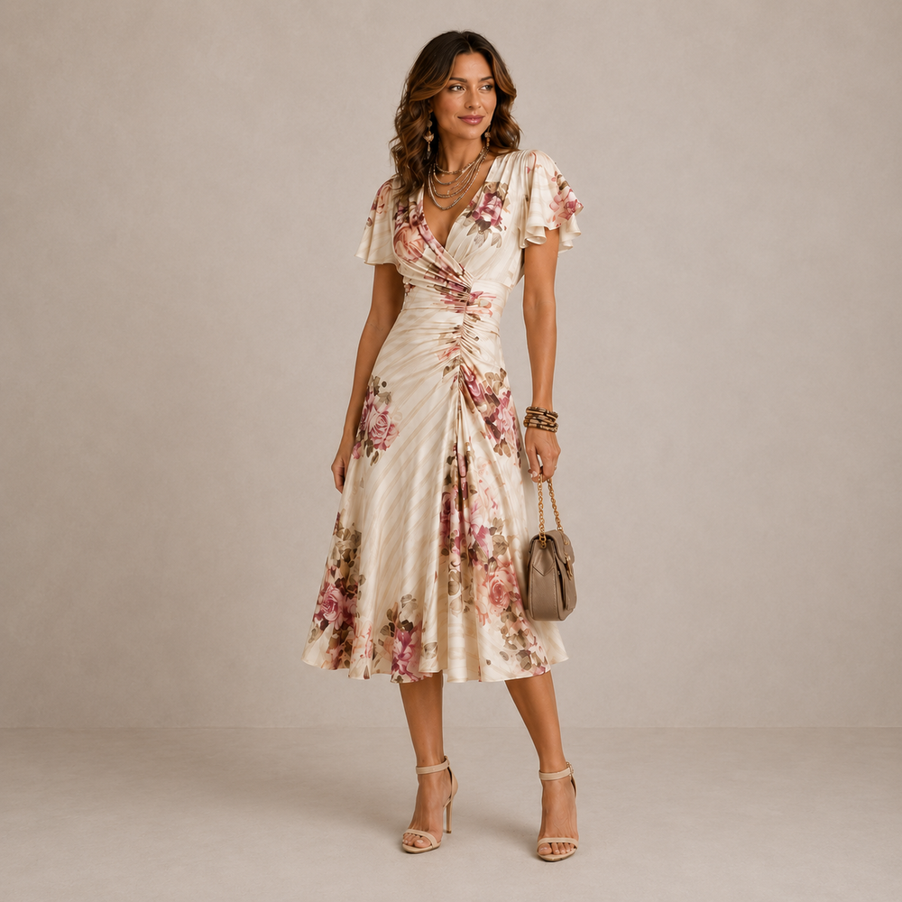 Liora pleated floral midi dress in cream with pink roses