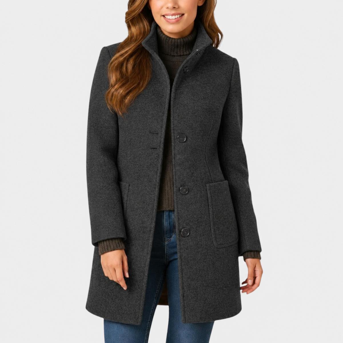 Annora stand-collar button coat in dark grey, front view