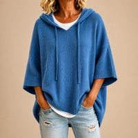 Hooded Knit Poncho in Blue