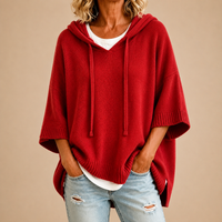 Hooded Knit Poncho in Red