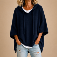 Hooded Knit Poncho in Navy