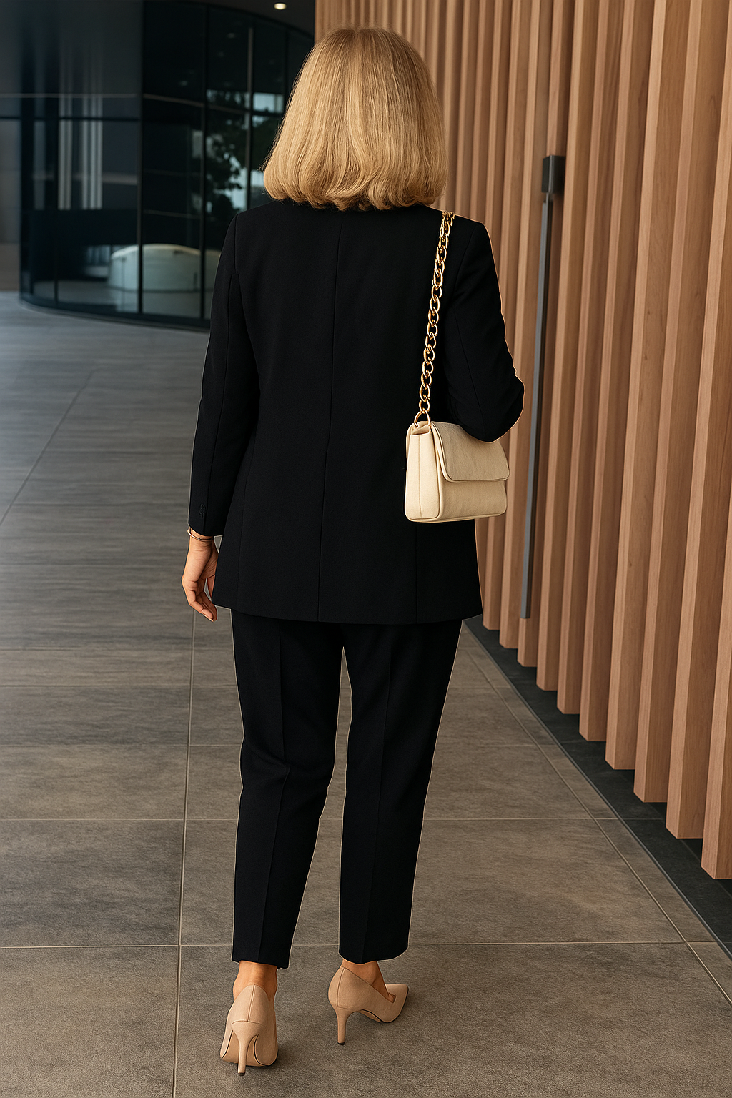 Theodora relaxed trouser suit in black, full-length back view