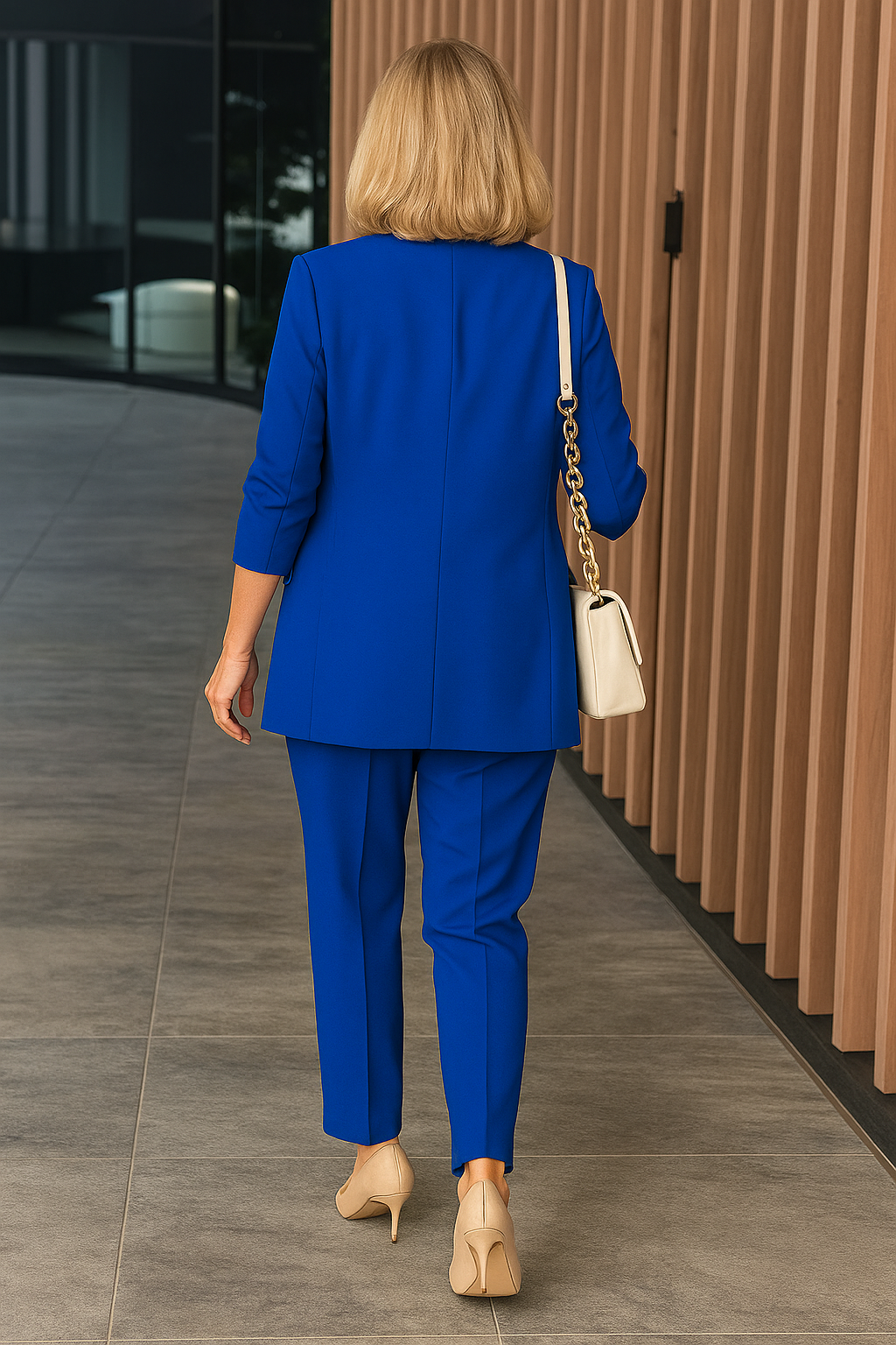 Theodora relaxed trouser suit in blue, full-length back view