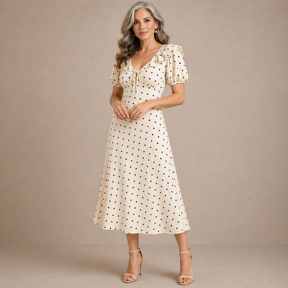 Liora polka dot midi dress in cream with ruffled neckline
