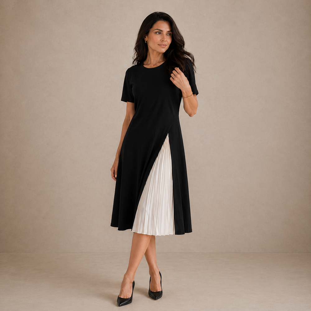 Liora pleated panel midi dress in black with cream pleats