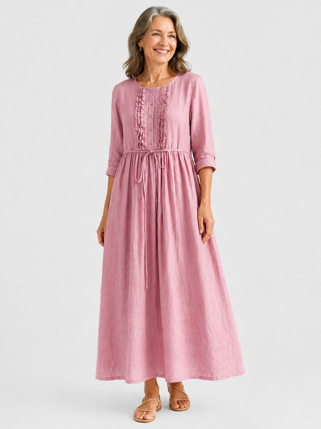 Kathryn ruffle-bib tie-waist dress in pink, full-length front view
