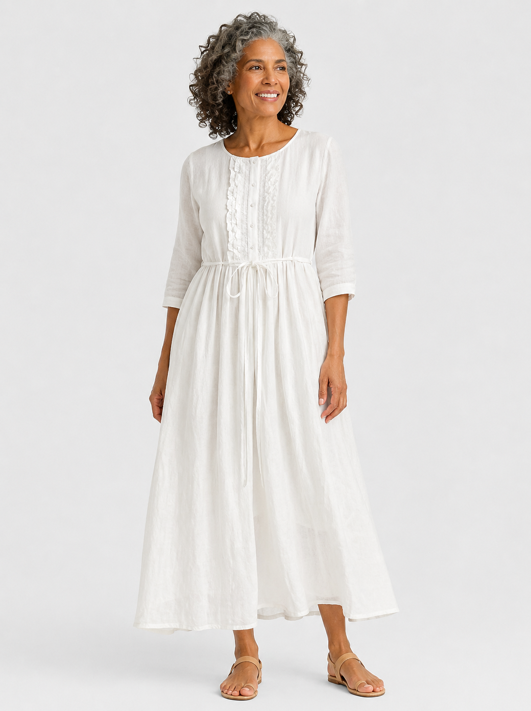 Kathryn ruffle-bib tie-waist dress in white, full-length front view