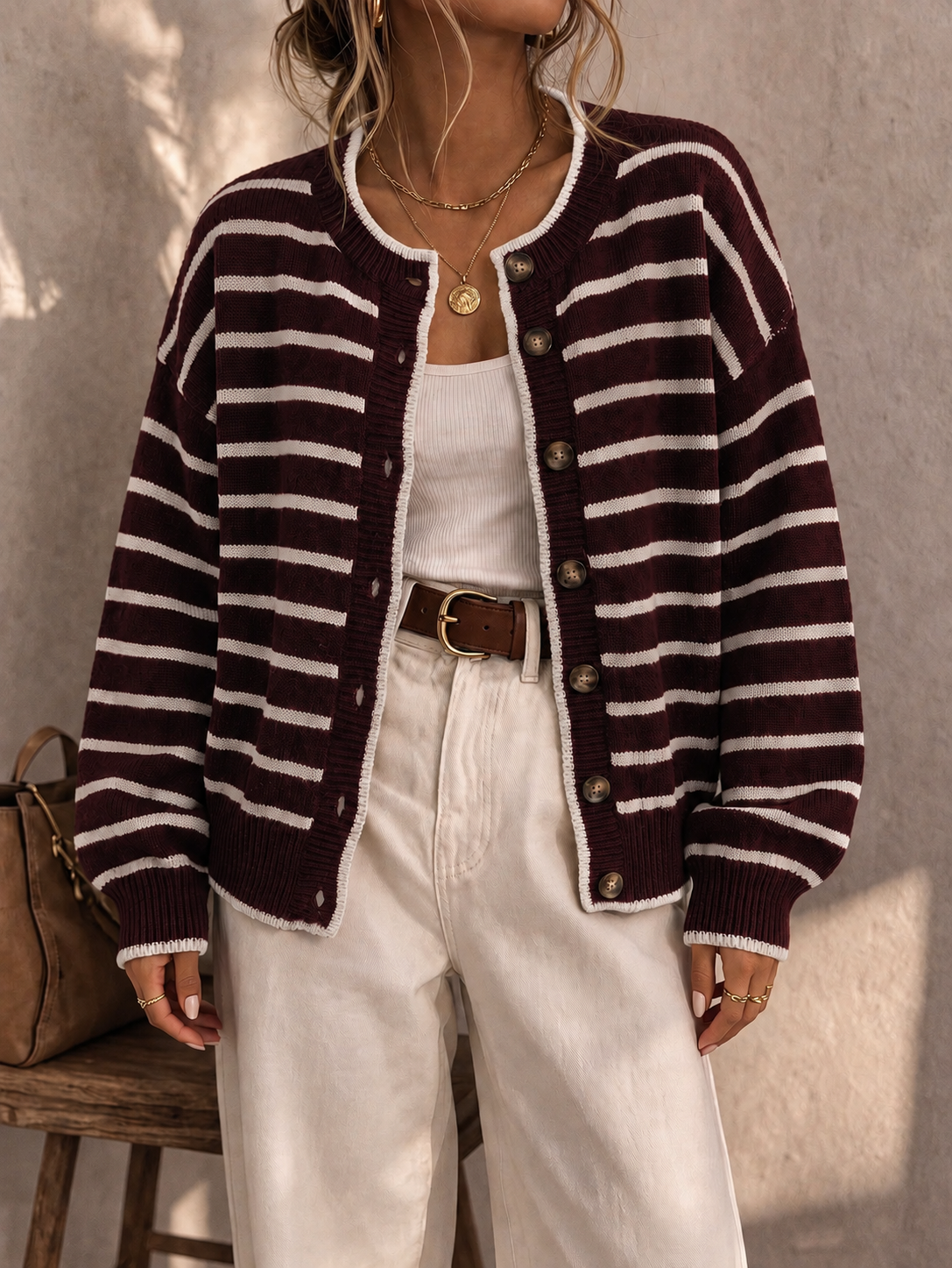 Chelsea striped button cardigan in burgundy and white, front view