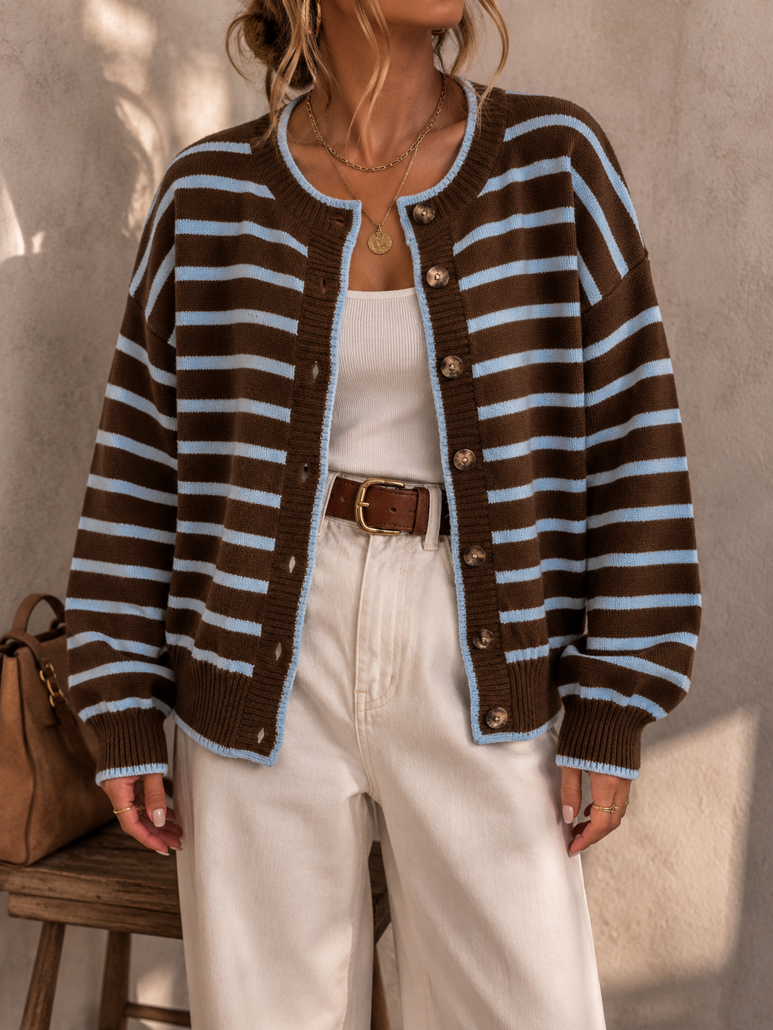 Chelsea striped button cardigan in brown and baby blue, front view