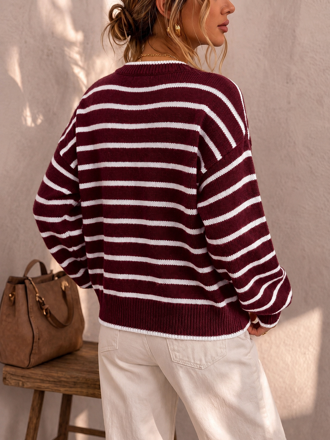 Chelsea striped button cardigan in burgundy and white, back view