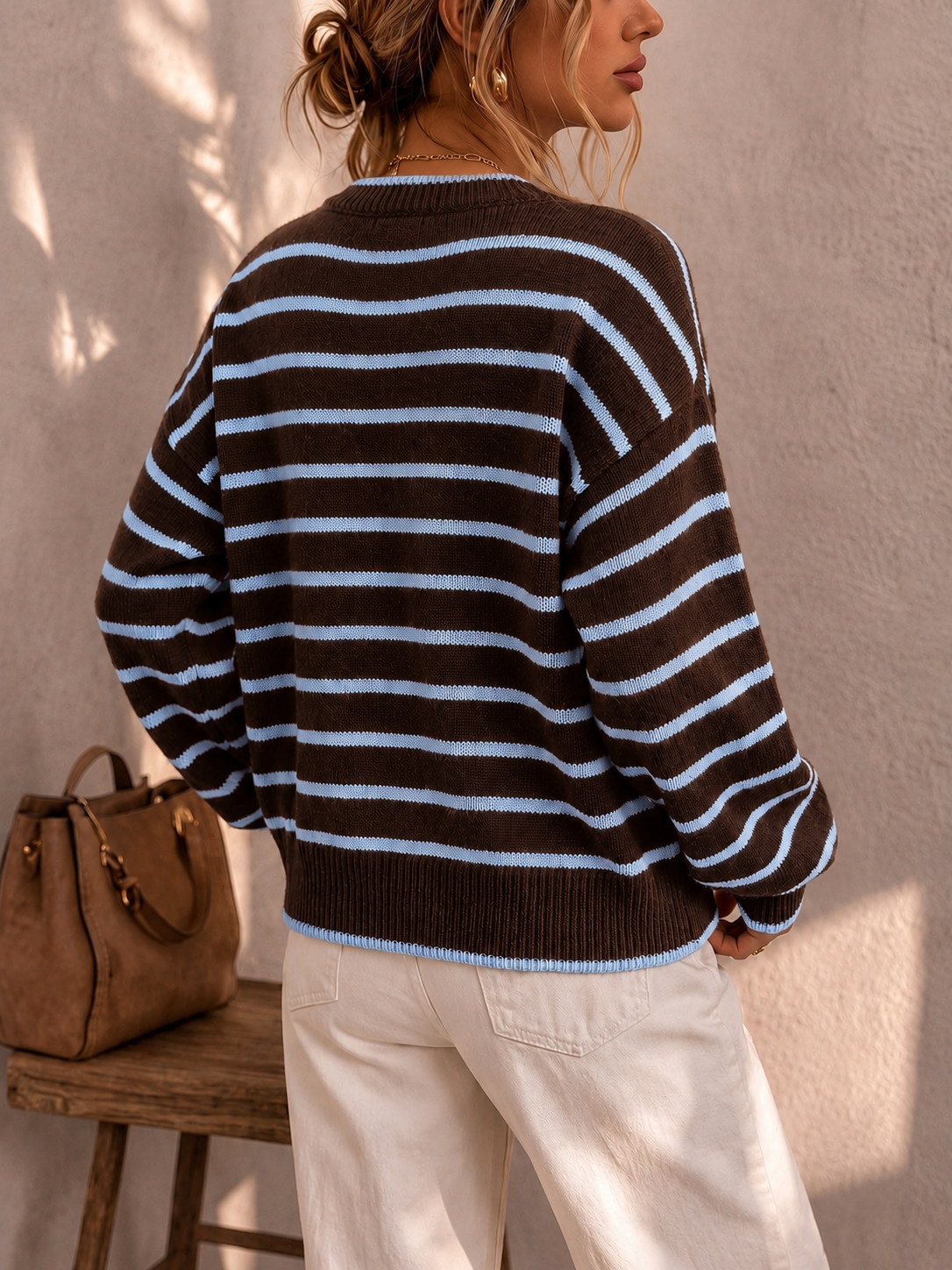 Chelsea striped button cardigan in brown and baby blue, back view