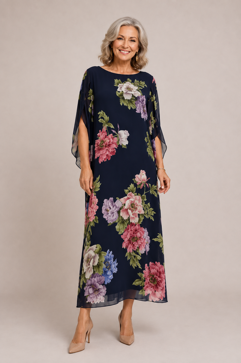 Elowen navy floral chiffon dress, full-length front view