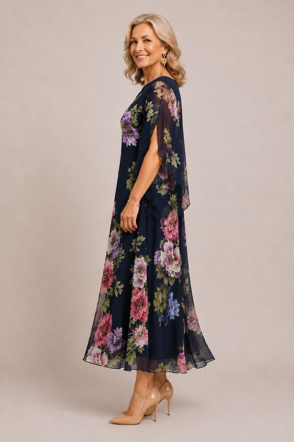Elowen navy floral chiffon dress, side view showing sheer split sleeve