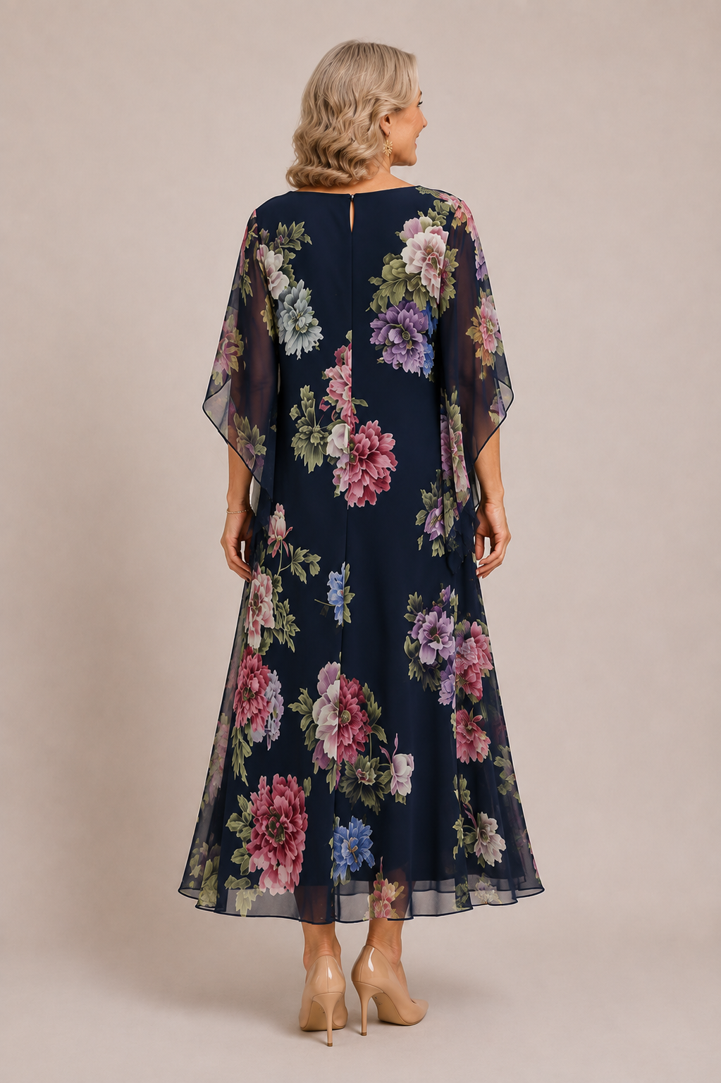 Elowen navy floral chiffon dress, full-length back view