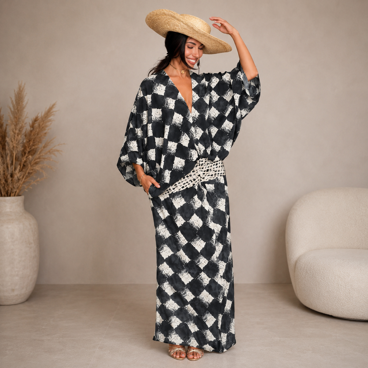 LIORA™ | Monochrome Print Maxi Dress