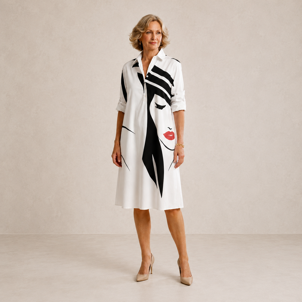 Liora graphic print midi dress in white with line-art face