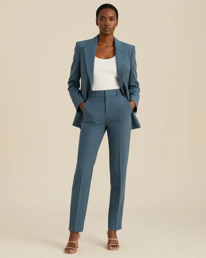 Veronica relaxed two-piece trouser suit in blue, full-length front view
