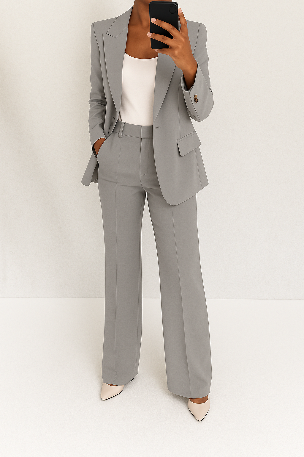 Araminta classic wide-leg trouser suit in grey, full-length mirror view