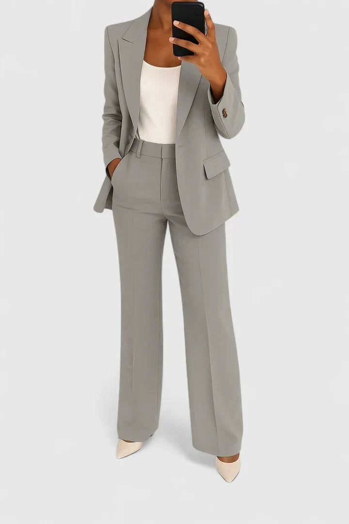 Veronica relaxed two-piece trouser suit in grey, full-length front view