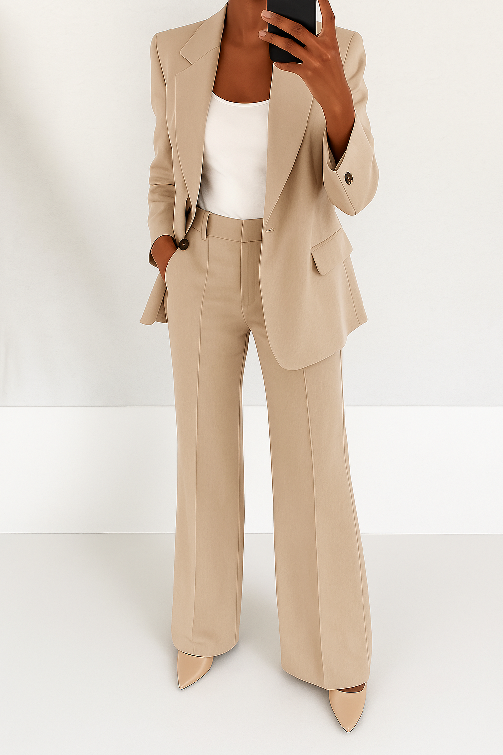 Araminta classic wide-leg trouser suit in beige, full-length mirror view