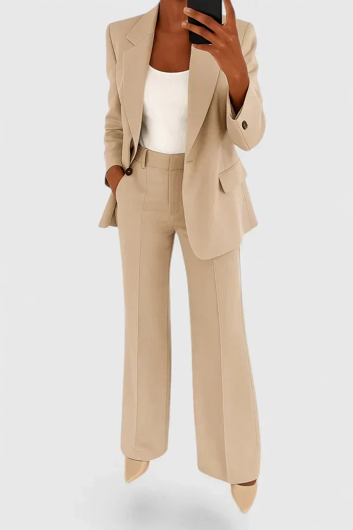 Veronica relaxed two-piece trouser suit in beige, full-length front view