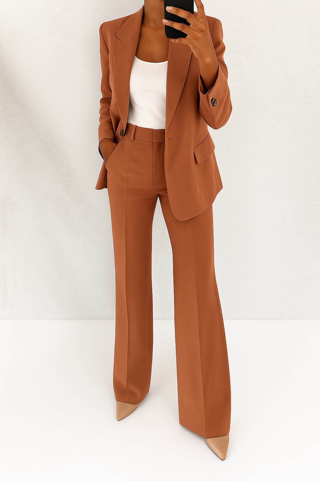 Araminta classic wide-leg trouser suit in brown, full-length mirror view
