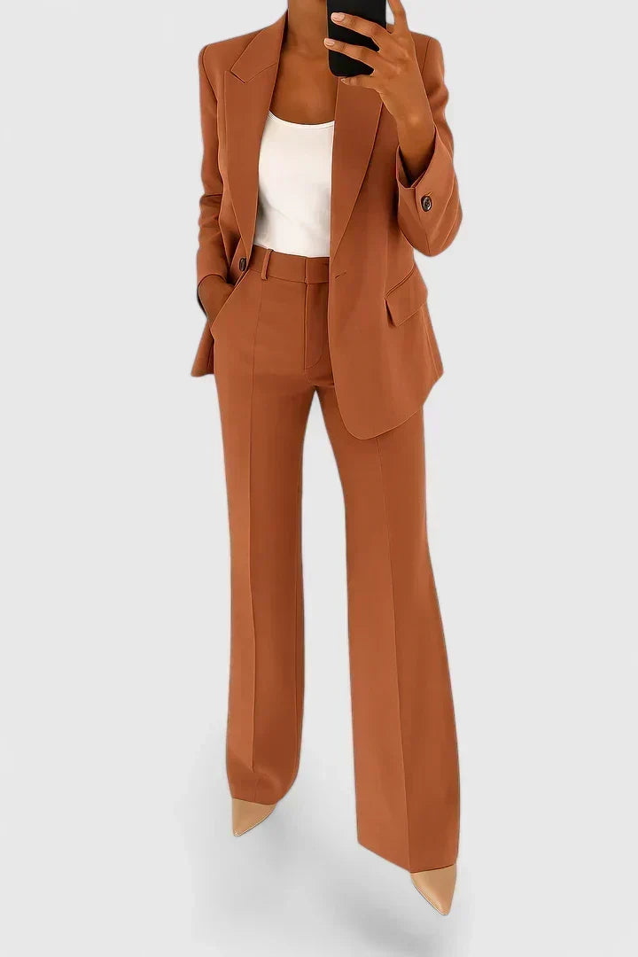 Veronica relaxed two-piece trouser suit in brown, full-length front view