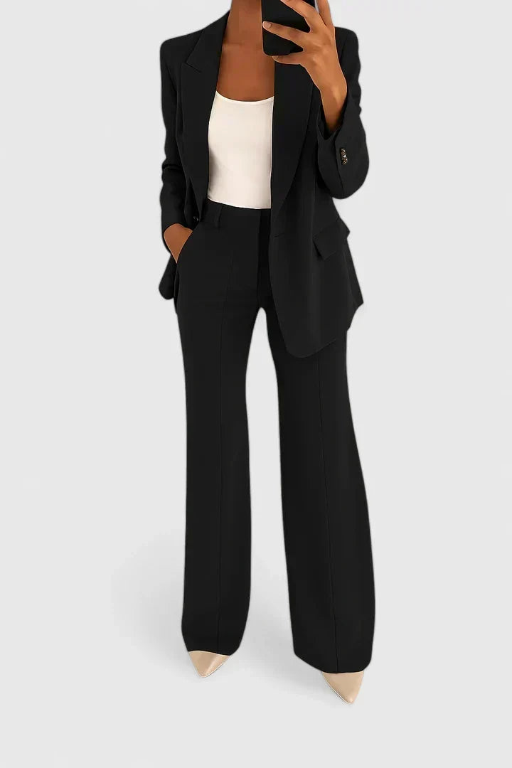 Veronica relaxed two-piece trouser suit in black, full-length front view