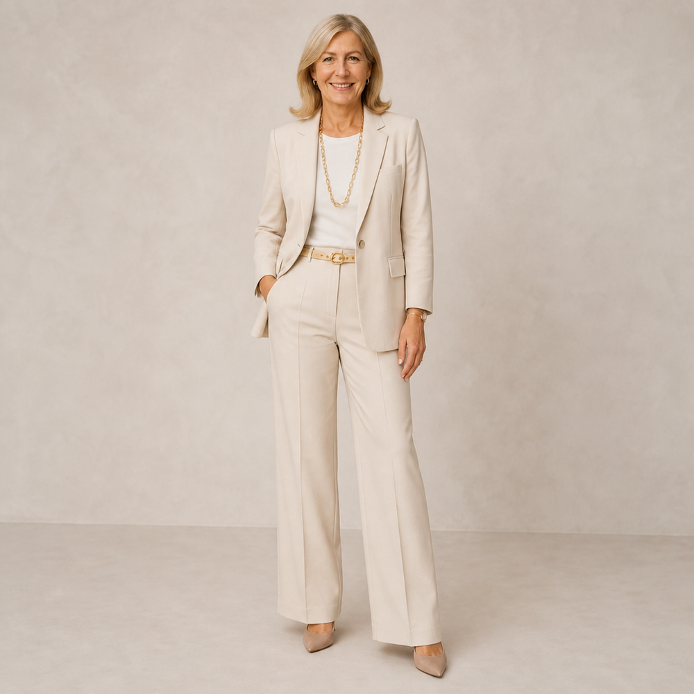 Theodora relaxed trouser suit in beige, full-length front view