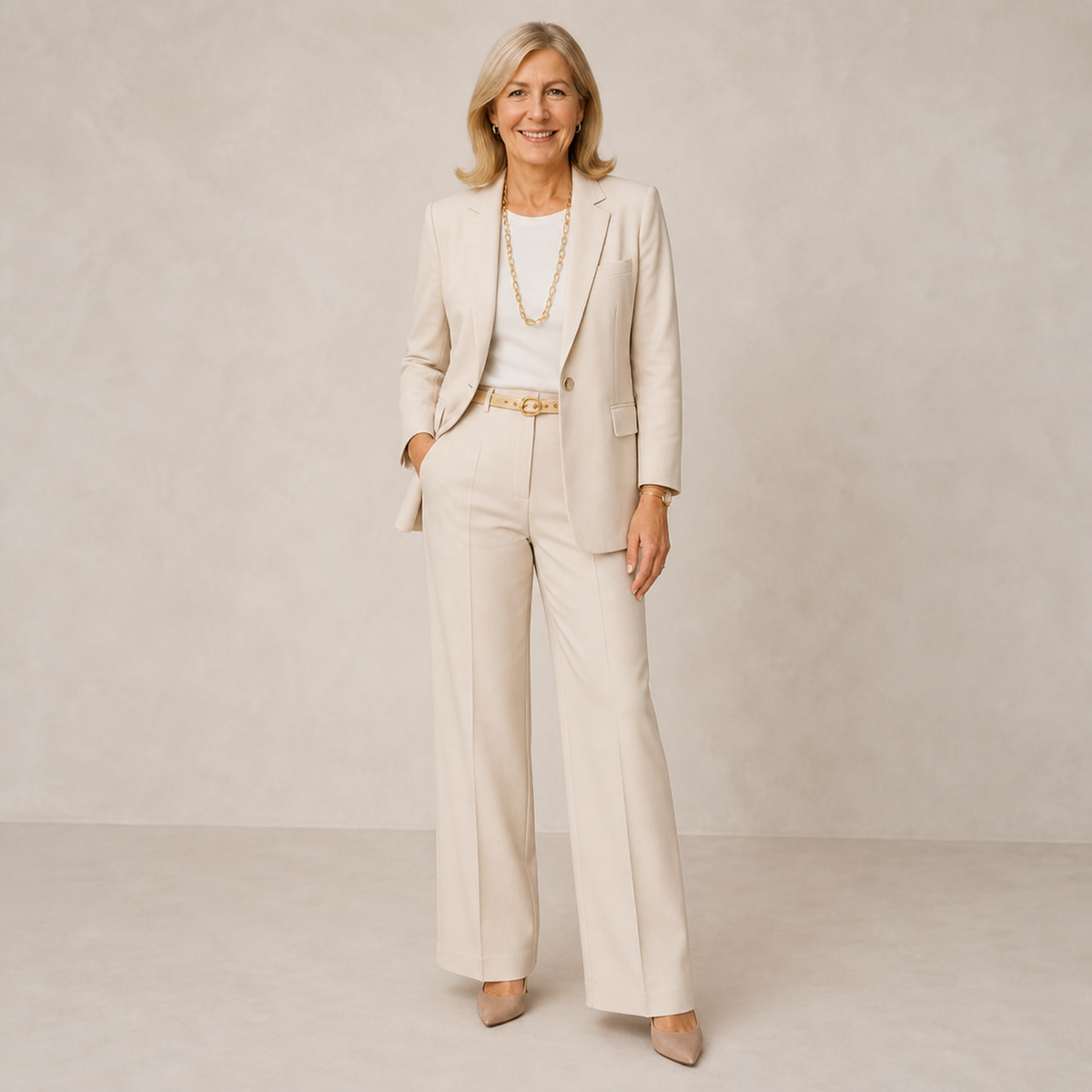 Theodora relaxed trouser suit in beige, full-length front view