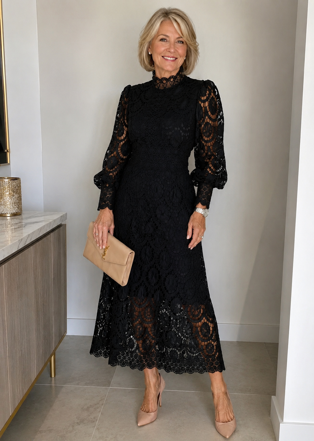 Philomel lace midi dress in black, full-length model view